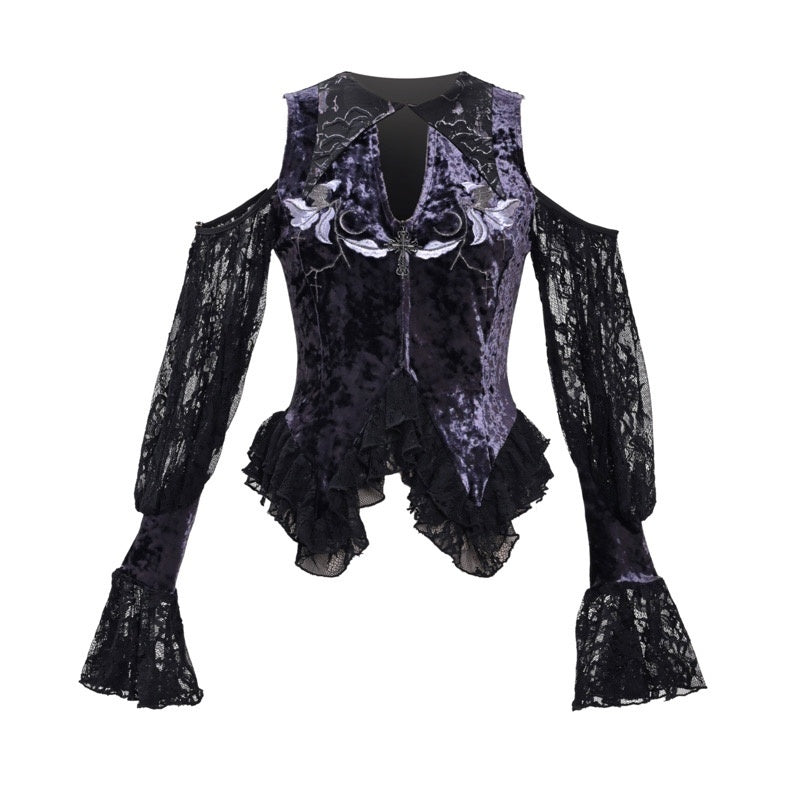 BLOOD_SUPPLY_Velvet_Embroidered_Point_Collar_Bell_Sleeve_Women's_Long_Sleeve_T-shirts_739110514705_MISSTT