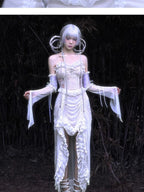 BLOOD SUPPLY White Gothic Drawstring Lace Mesh Ruffled Women's Slip Maxi Dresses