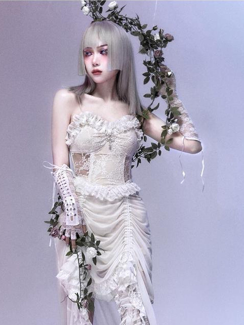 BLOOD SUPPLY White Gothic Drawstring Lace Mesh Ruffled Women's Slip Maxi Dresses