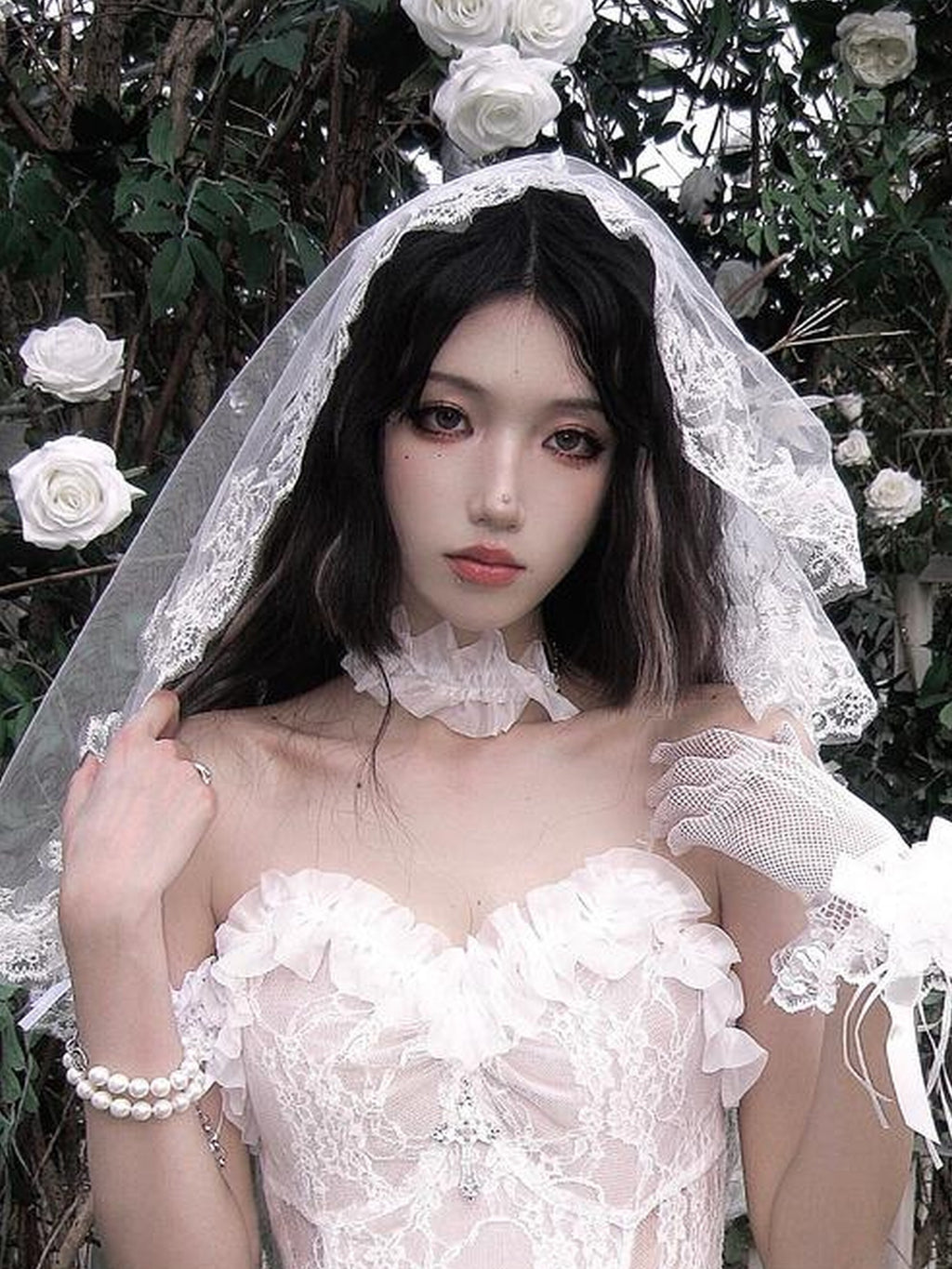 BLOOD SUPPLY White Gothic Drawstring Lace Mesh Ruffled Women's Slip Maxi Dresses