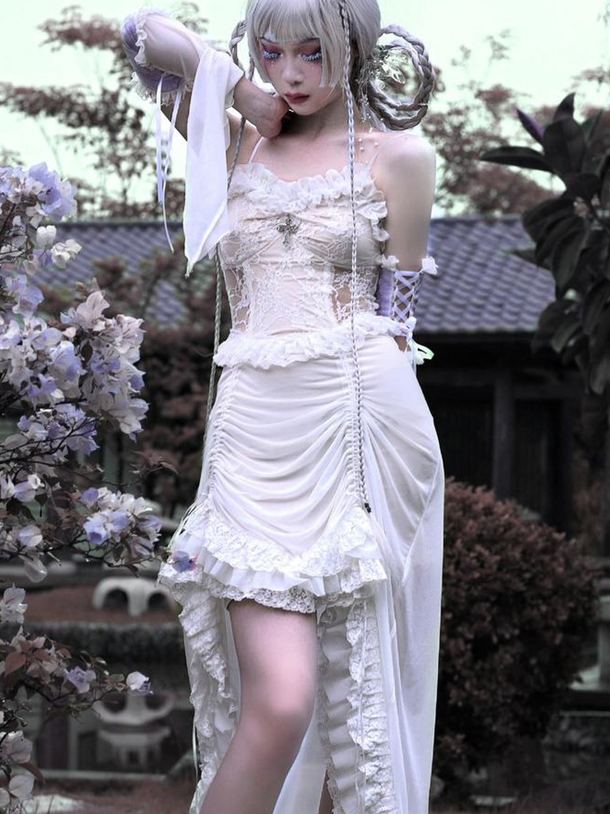 BLOOD SUPPLY White Gothic Drawstring Lace Mesh Ruffled Women's Slip Maxi Dresses