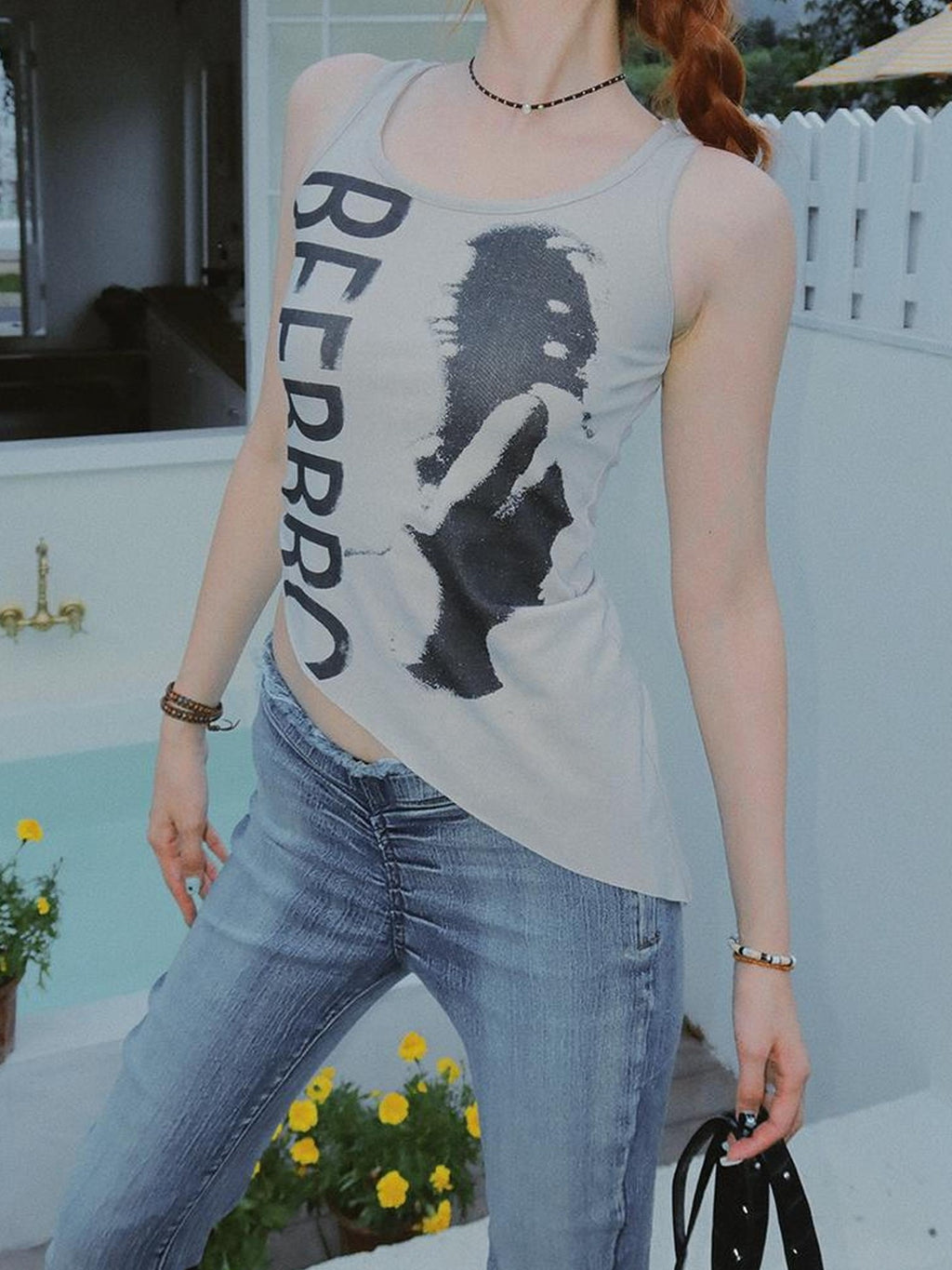 BeerBro American Retro Letter Print Asymmetric Hem Slim Fit Women's Cotton Tank Tops