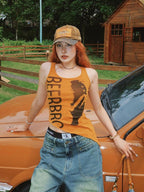 BeerBro American Retro Letter Print Asymmetric Hem Slim Fit Women's Cotton Tank Tops