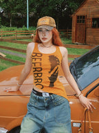 BeerBro American Retro Letter Print Asymmetric Hem Slim Fit Women's Cotton Tank Tops
