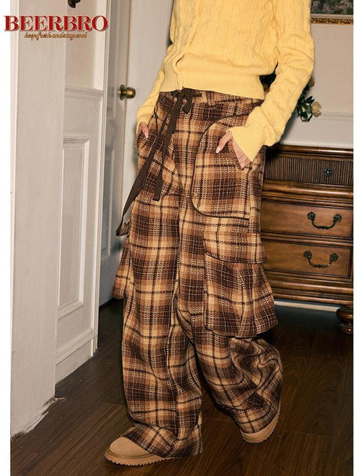BeerBro American Retro Street Plaid Low Waist Polyester Women's Wide-leg Pants