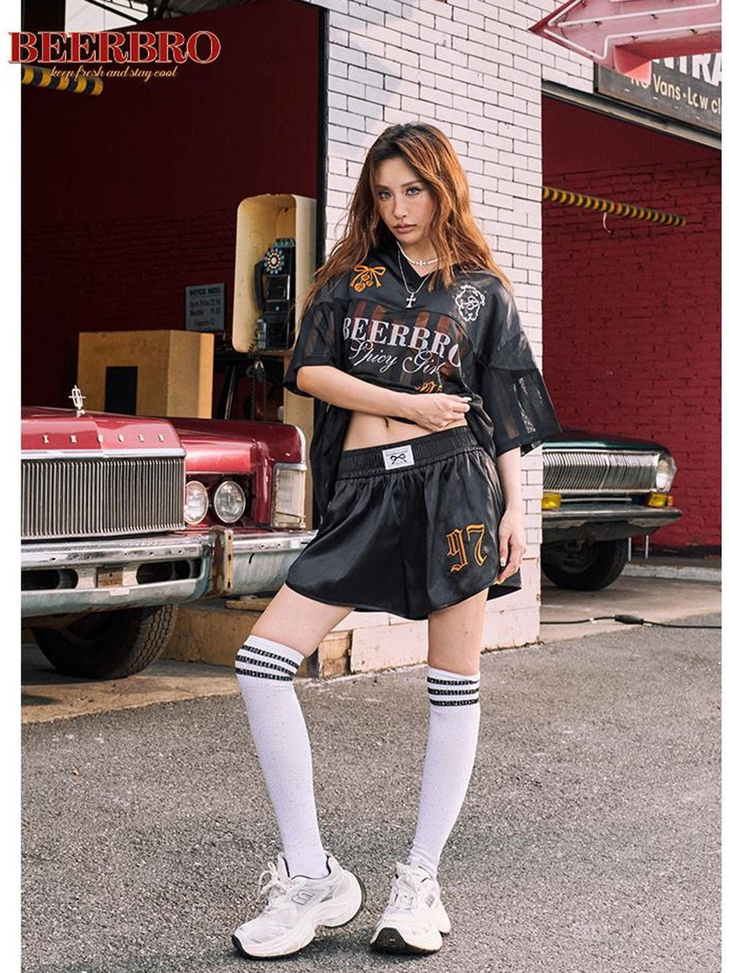 BeerBro American Style Loose Color Block Panel Women's Short Sleeve Top & Shorts Sets
