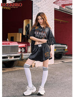BeerBro American Style Loose Color Block Panel Women's Short Sleeve Top & Shorts Sets