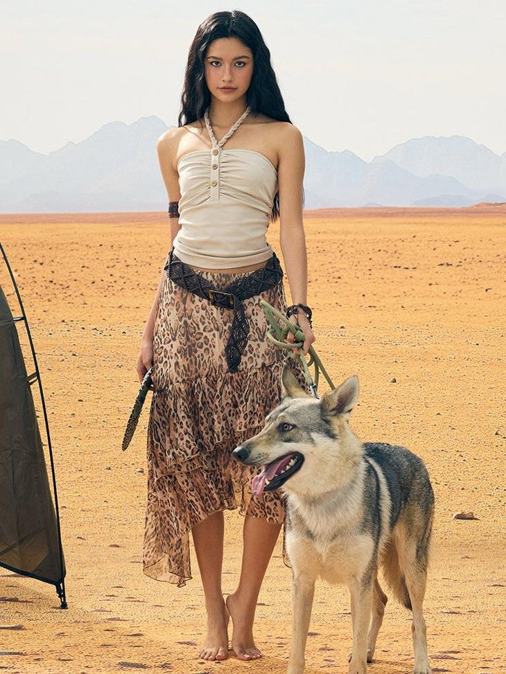 BeerBro Animal Print Asymmetric Hem Low Rise Straight Women's Polyester Midi Skirts