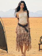 BeerBro Animal Print Asymmetric Hem Low Rise Straight Women's Polyester Midi Skirts