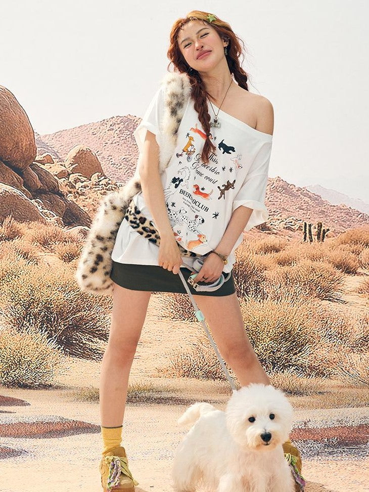 BeerBro Animal Print Off Shoulder Slouchy Lyocell Women's Short Sleeve T-shirts