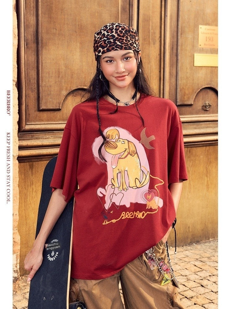 BeerBro_Art_Dog_Print_Loose_Streetwear_Women's_Cotton_Lyocell_Short_Sleeve_T-shirts_912768941039_MISSTT