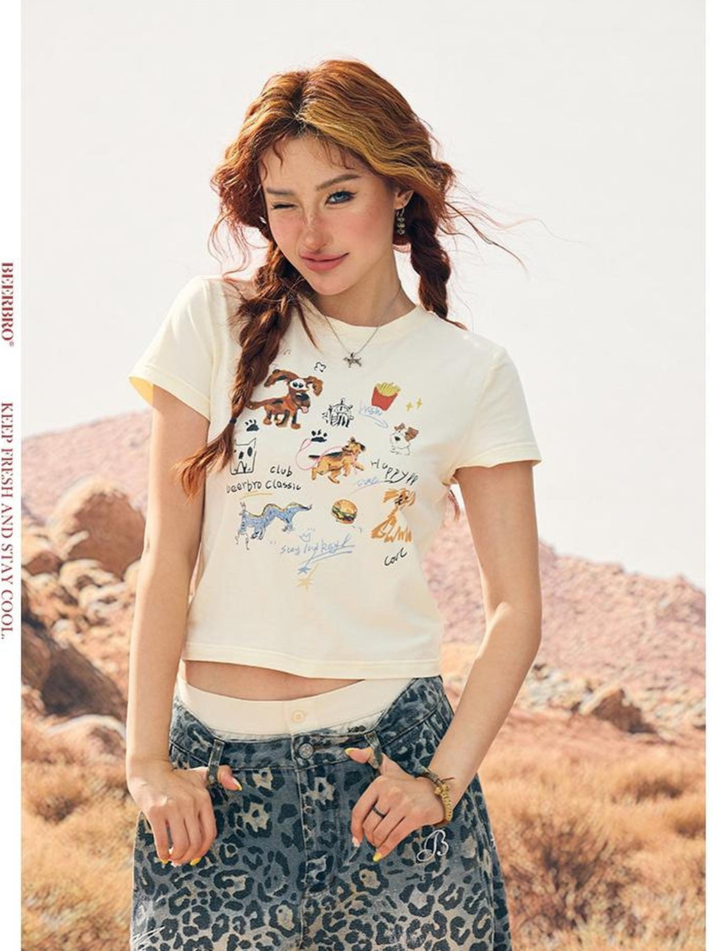 BeerBro Art Print Dog Graphic Slim Fit Women's Cotton Crop Tops