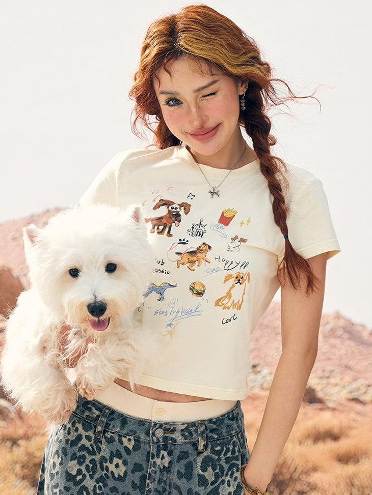 BeerBro Art Print Dog Graphic Slim Fit Women's Cotton Crop Tops