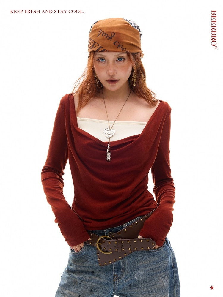 BeerBro_Beaded_Draped_Neck_Padded_Fake_Two_Piece_Knit_Women's_Long_Sleeve_T-shirts_863550914169_MISSTT