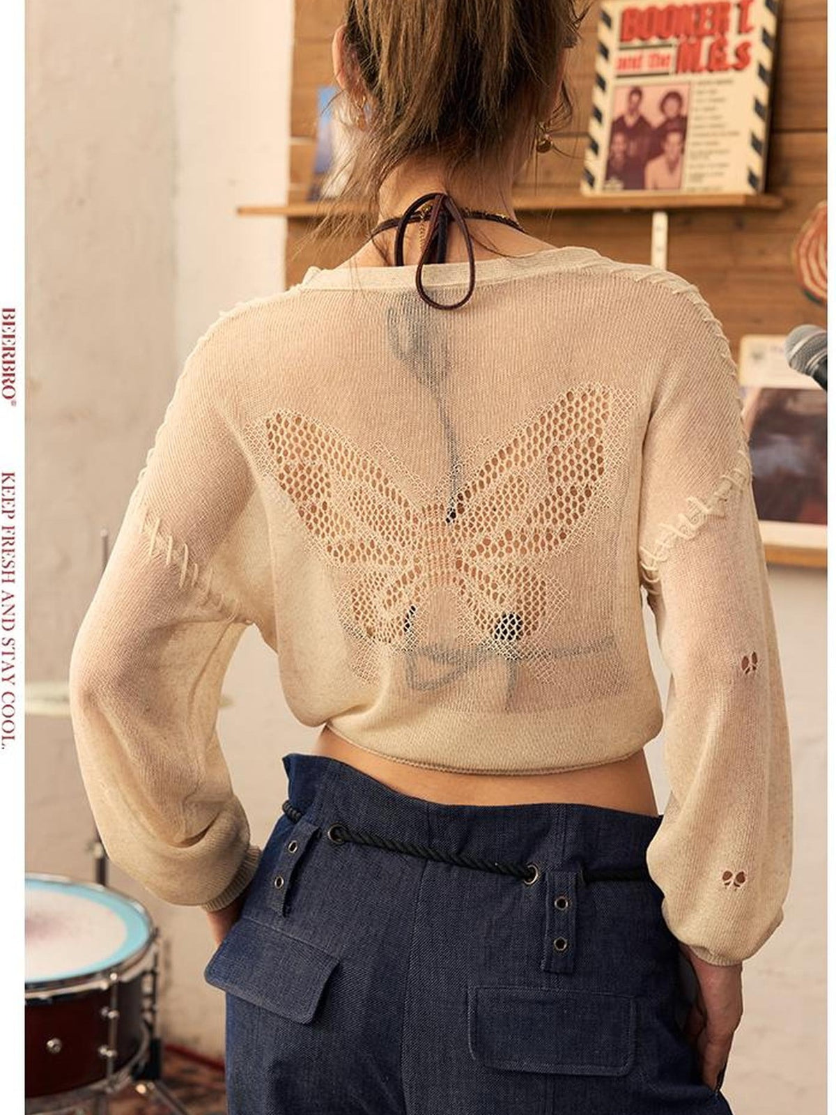 BeerBro Butterfly Openwork Bear Print Lightweight Lyocell Linen Women's Cardigans