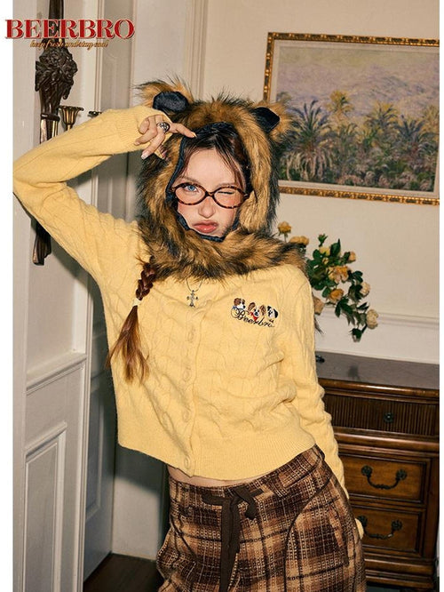 BeerBro Cable Knit Animal Graphic Cropped Women's Acrylic Cardigans