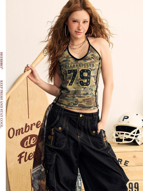 BeerBro Camouflage Print Reversible Halter Slim Fit Cotton Lyocell Women's Camisoles