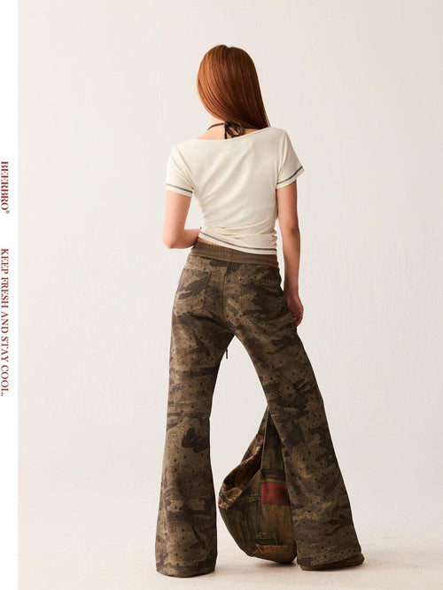 BeerBro Camouflage Print Square Neck Slim Fit Women's Short Sleeve T-shirts