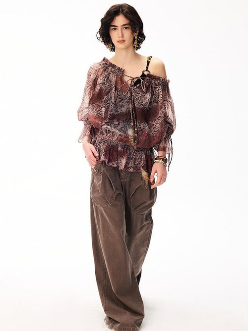 BeerBro Cashew Floral Print Off Shoulder Sheer Lightweight Slim Fit Women's Blouses