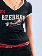 BeerBro Color Block Letter Print V-neck Slim Fit Sports Women's Knit Short Sleeve T-shirts