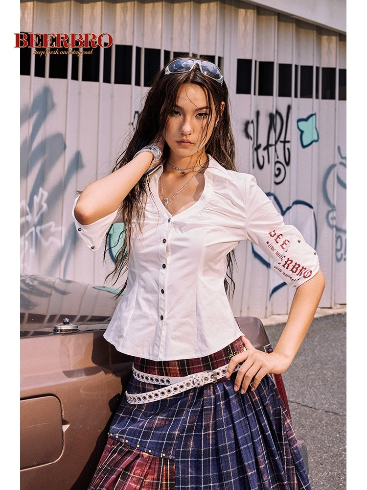 BeerBro_Color_Block_Print_V-neck_Pleated_Slim_Fit_Women's_Cotton_Blouses_817327684119_MISSTT