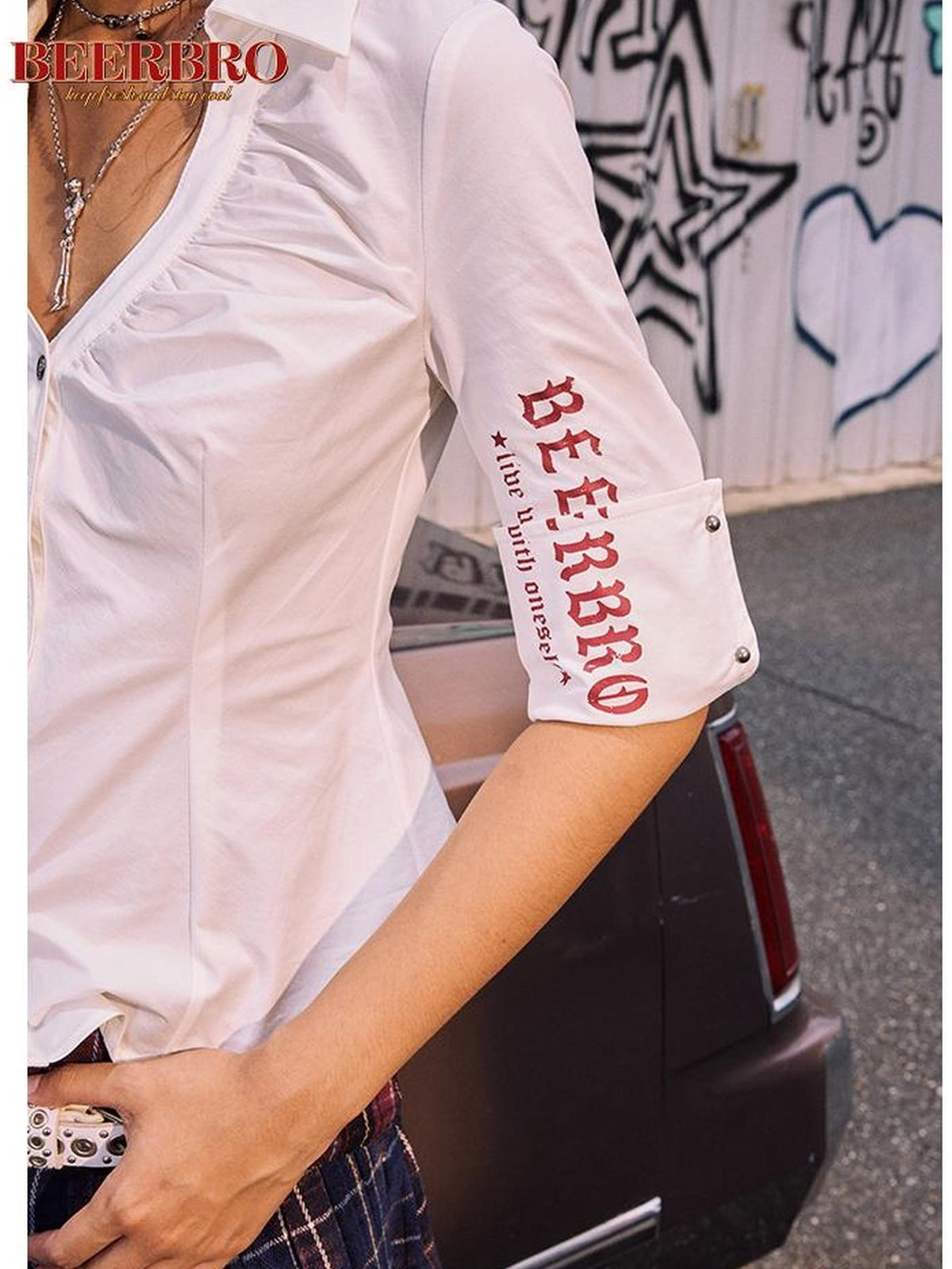 BeerBro Color Block Print V-neck Pleated Slim Fit Women's Cotton Blouses
