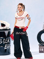 BeerBro Colorblock Letter Print Quick Dry Women's Wide-leg Pants