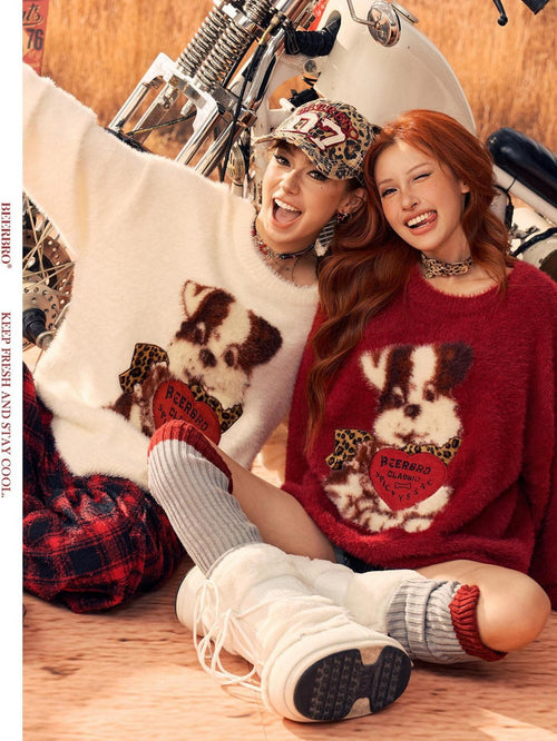 BeerBro Cute Dog Jacquard Loose Pullover Women's Faux Mink Knit Sweaters