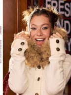 BeerBro Detachable Faux Fur Collar Slim Fit Button Front Cropped Women's Knit Sweaters