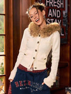 BeerBro Detachable Faux Fur Collar Slim Fit Button Front Cropped Women's Knit Sweaters