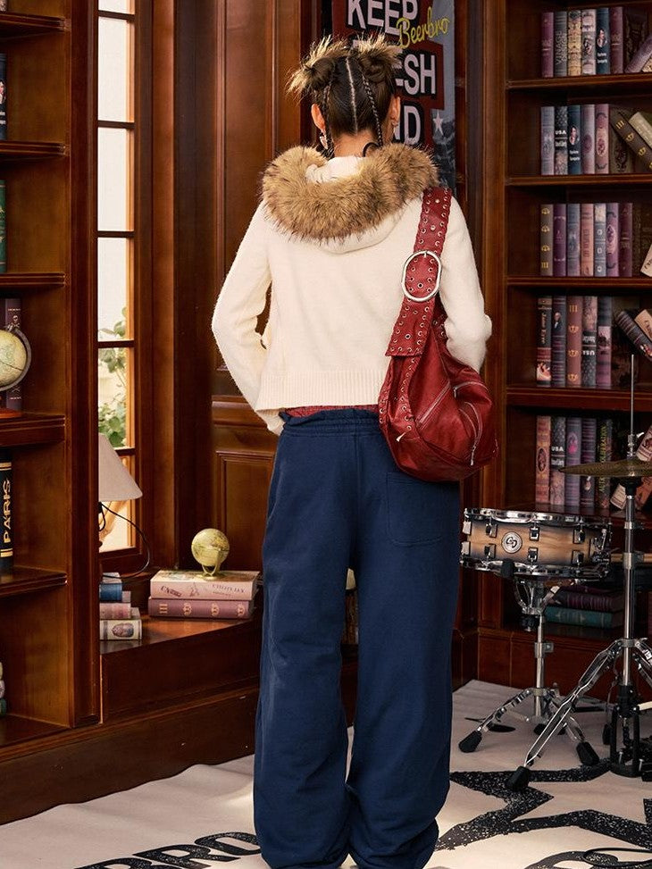 BeerBro Detachable Faux Fur Collar Slim Fit Button Front Cropped Women's Knit Sweaters