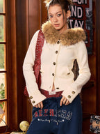 BeerBro Detachable Faux Fur Collar Slim Fit Button Front Cropped Women's Knit Sweaters