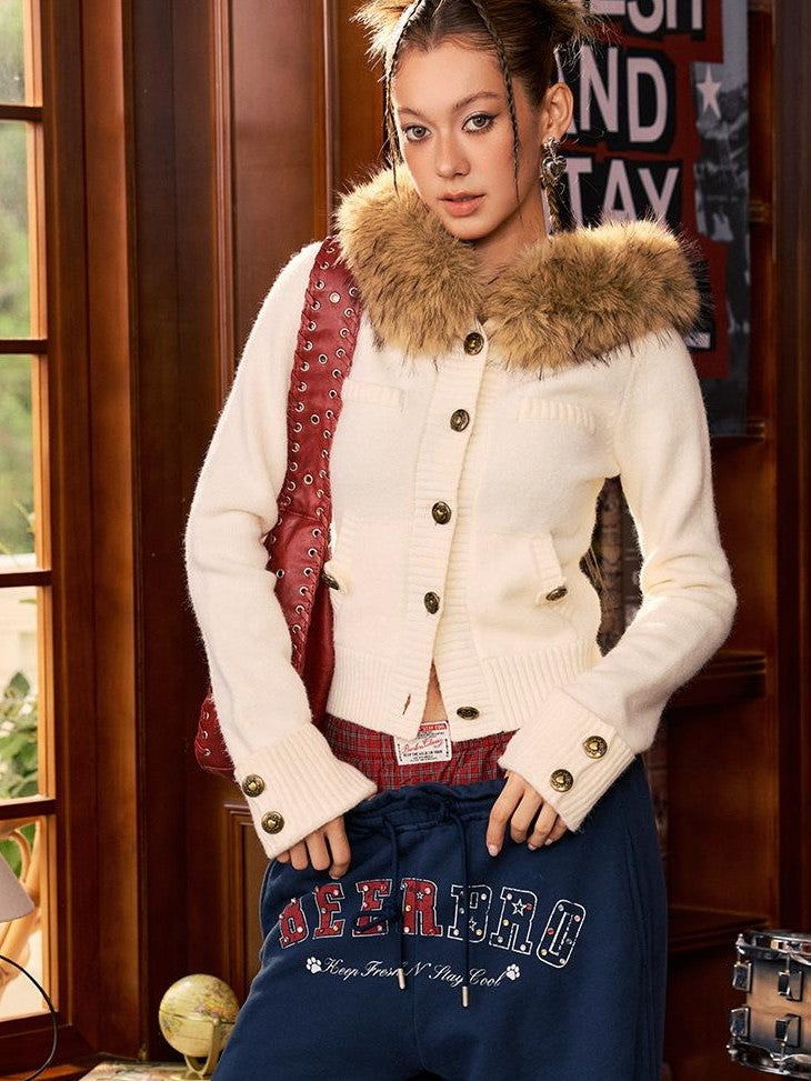 BeerBro Detachable Faux Fur Collar Slim Fit Button Front Cropped Women's Knit Sweaters