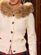 BeerBro Detachable Faux Fur Collar Slim Fit Button Front Cropped Women's Knit Sweaters