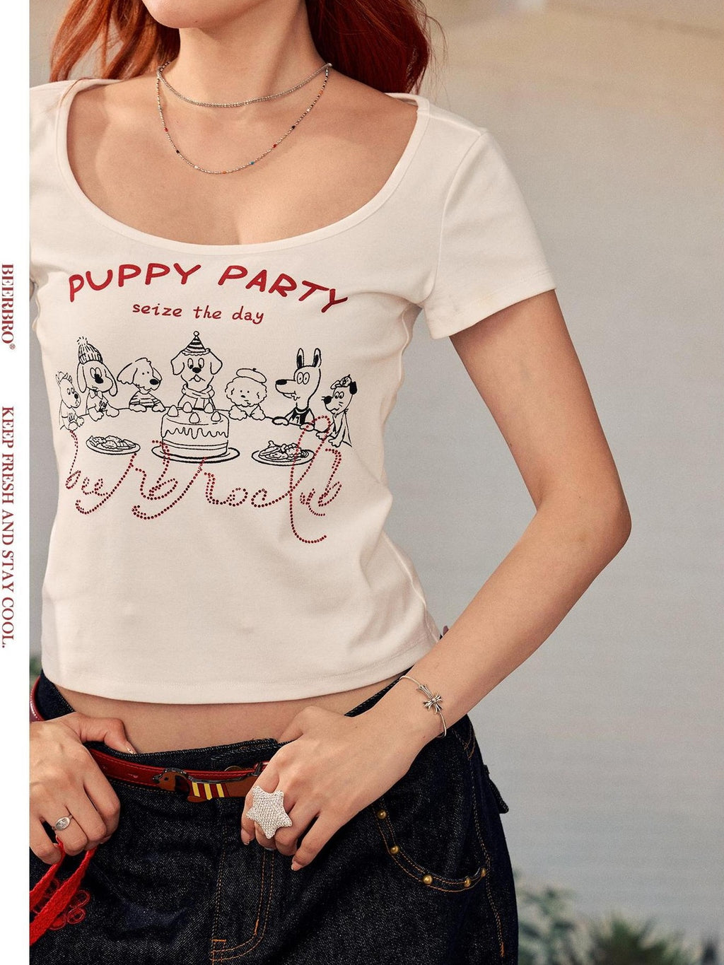 BeerBro Dog Party Print Slim Fit Crop Women's Cotton Short Sleeve T-shirts