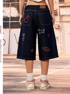 BeerBro Embroidered Dog Low Rise Cotton Women's Wide-leg Jeans