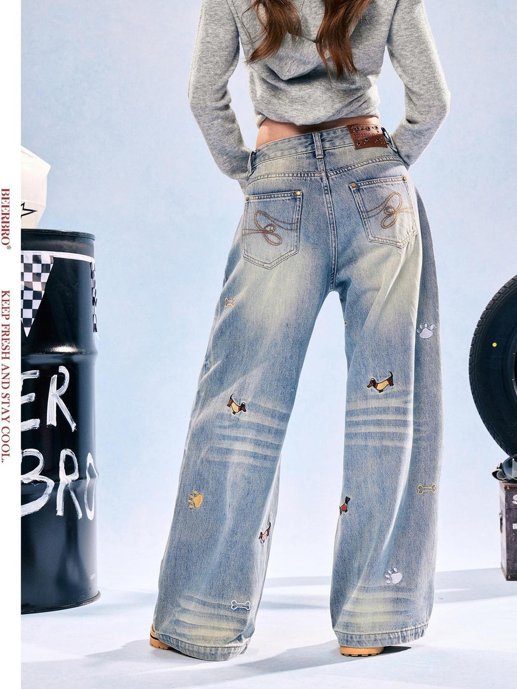 BeerBro Embroidered Pet Motif Low Waist Cotton Women's Straight Jeans