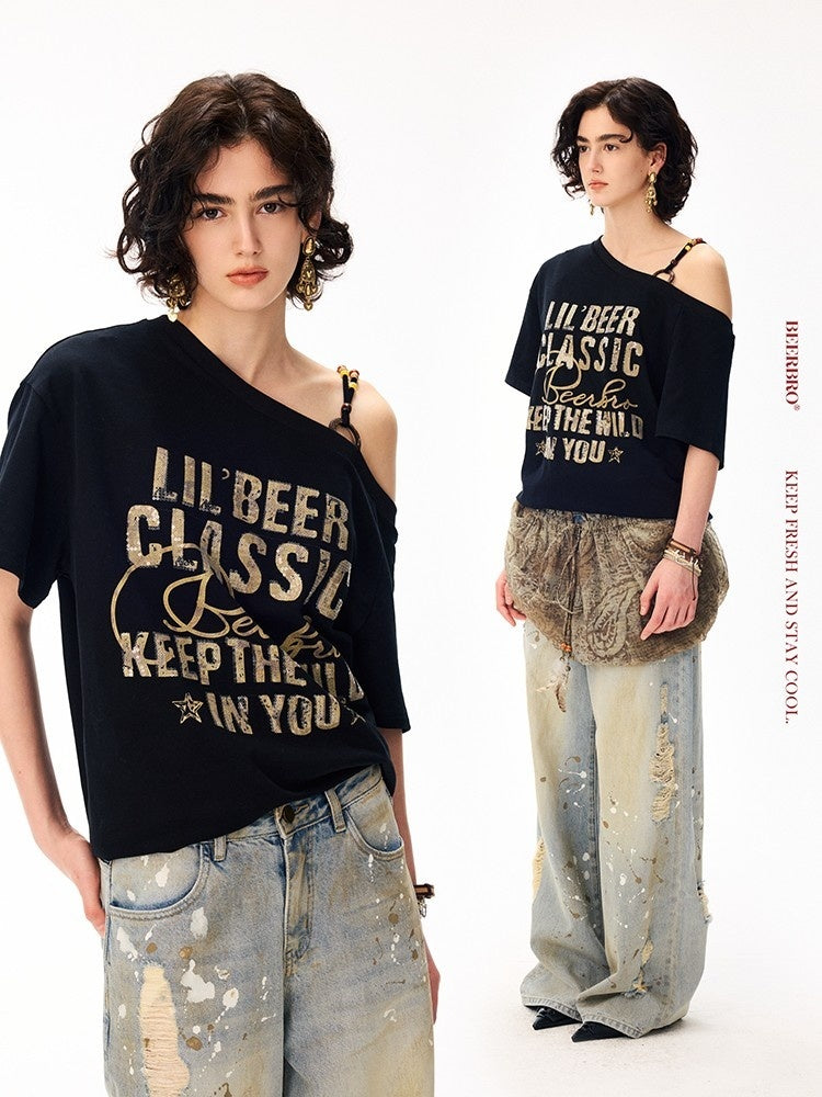 BeerBro_Embroidered_Print_Asymmetric_Neck_Loose_Fit_Women's_Lyocell_Cotton_Short_Sleeve_T-shirts_891568971377_MISSTT