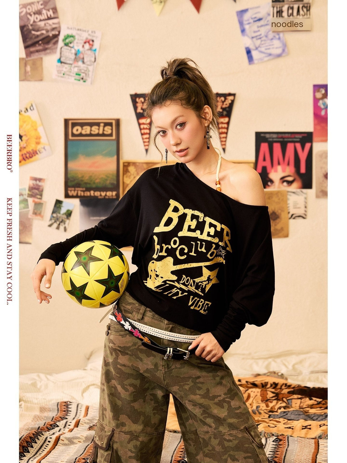 BeerBro_Glitter_Logo_Color_Block_Loose_Fit_Asymmetric_Neck_Women's_Short_Sleeve_T-shirts_918646997240_MISSTT