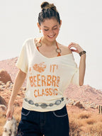 BeerBro Glitter Logo Color Block Loose Fit Asymmetric Neck Women's Short Sleeve T-shirts