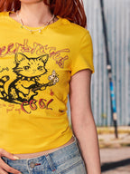 BeerBro Graphic Cat Print Rhinestone Slim Fit Women's Cotton Short Sleeve T-shirts