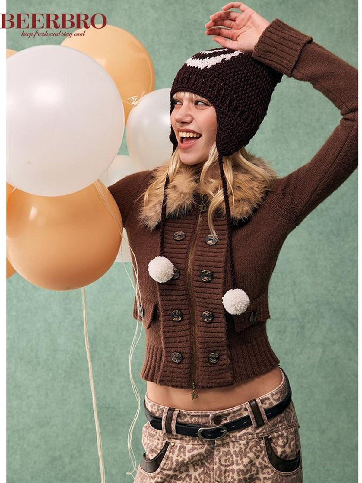 BeerBro Leopard Print Detachable Faux Fur Collar Slim Fit Women's Knit Sweaters