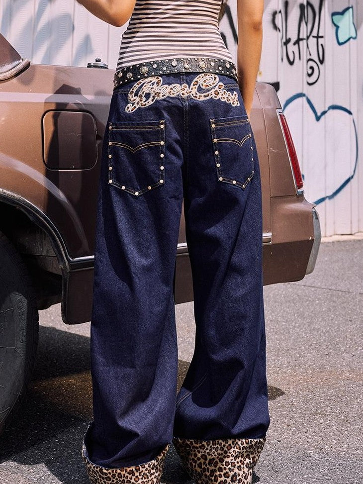BeerBro Leopard Print Embroidered Women's Wide-leg Jeans