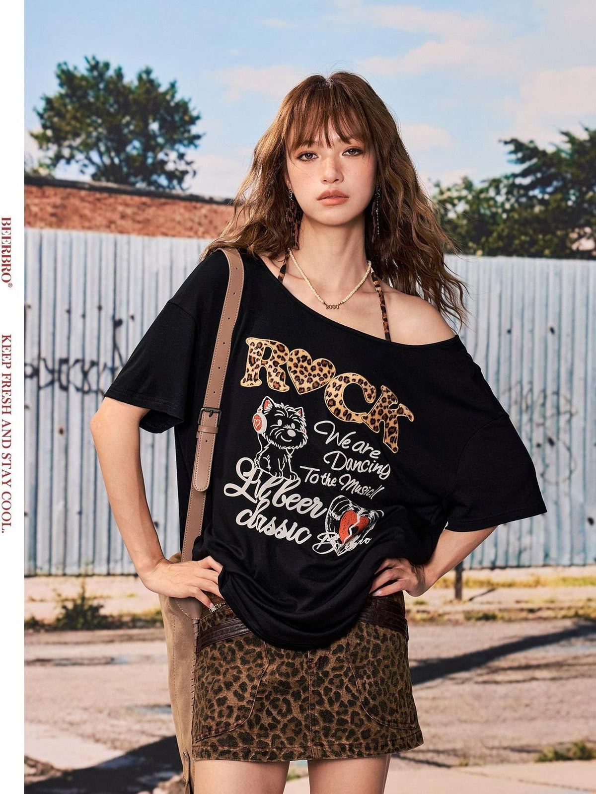 BeerBro Leopard Print Slant Neck Asymmetric Shoulder Print Women's Loose Fit Short Sleeve T-shirts