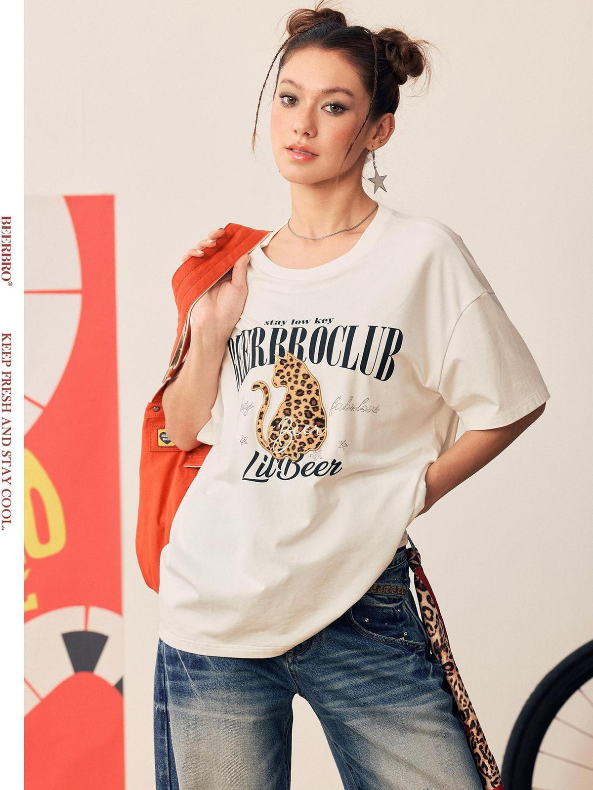 BeerBro Loose Fit Cat Print Rhinestone Embroidered Women's Cotton Short Sleeve T-shirts