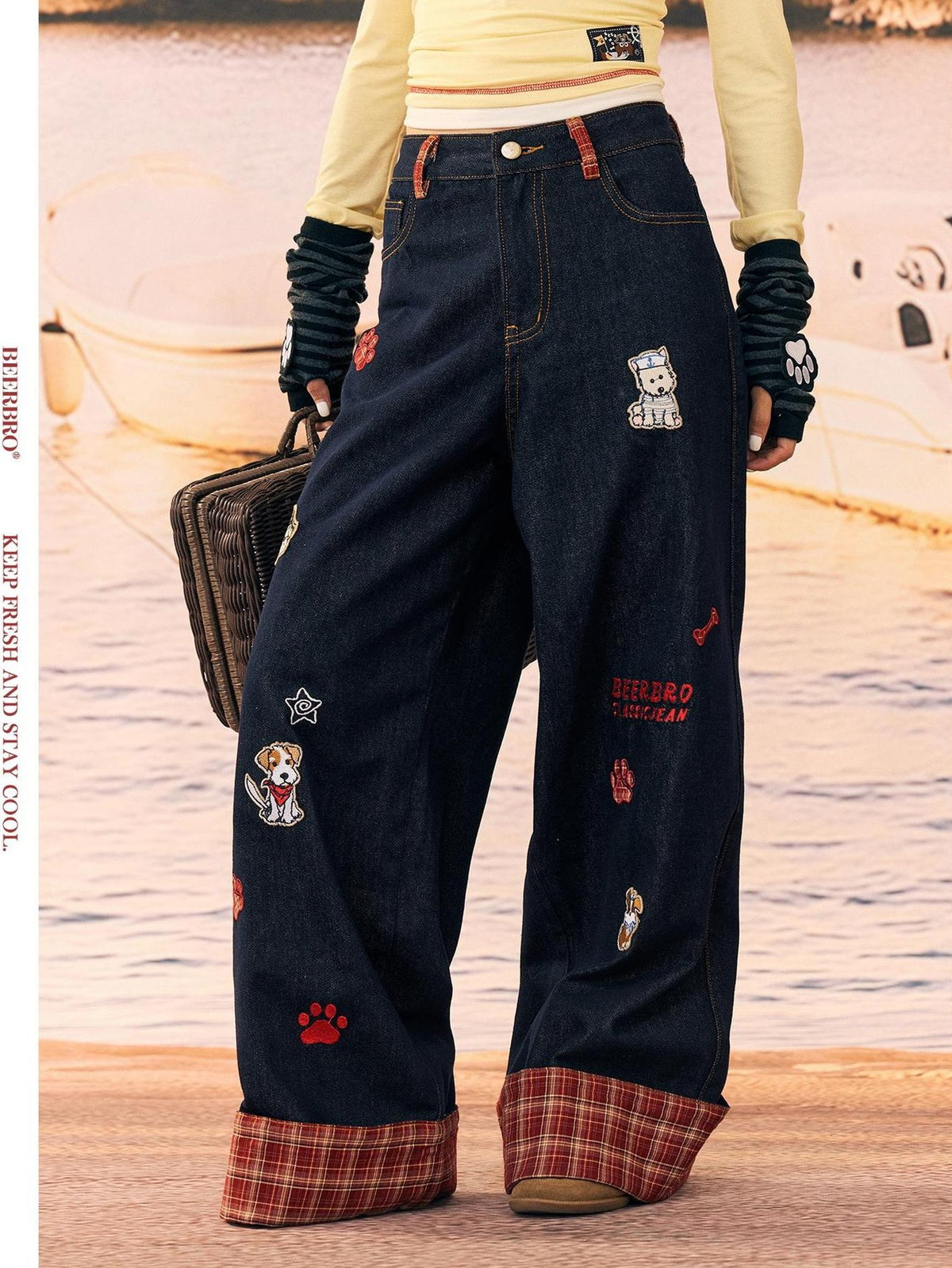 BeerBro Plaid Embroidered Folded Check Low Rise Cotton Women's Straight Jeans