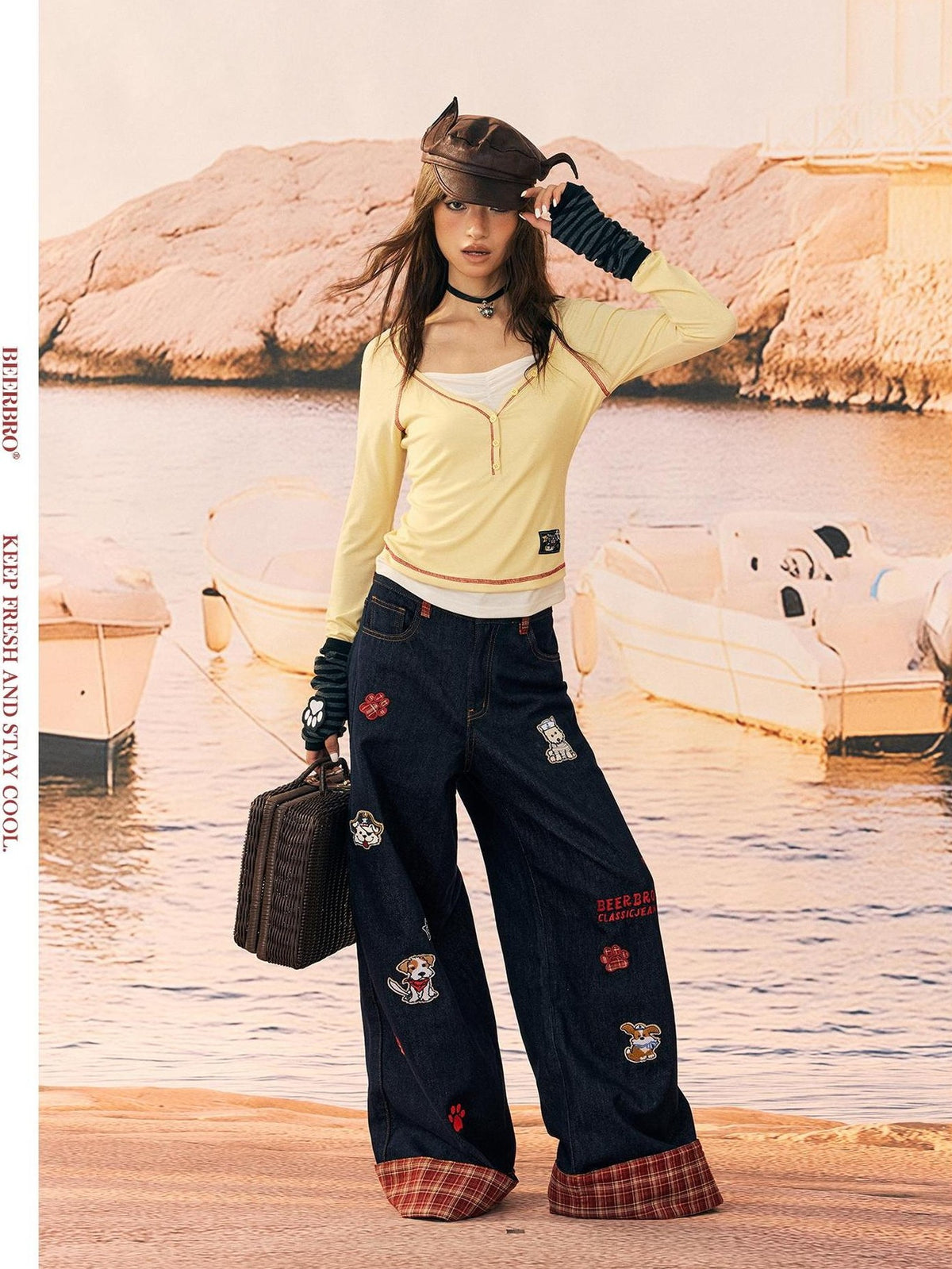 BeerBro Plaid Embroidered Folded Check Low Rise Cotton Women's Straight Jeans