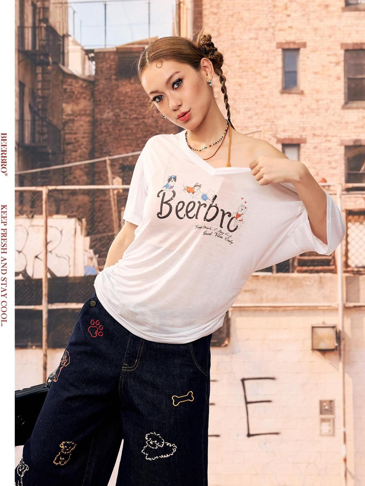 BeerBro Printed One Shoulder V-neck Lyocell Women's Short Sleeve T-shirts