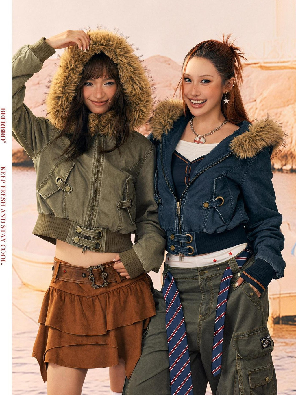 BeerBro Quilted Cropped Faux Fur Hooded Cotton Women's Puffer Jackets