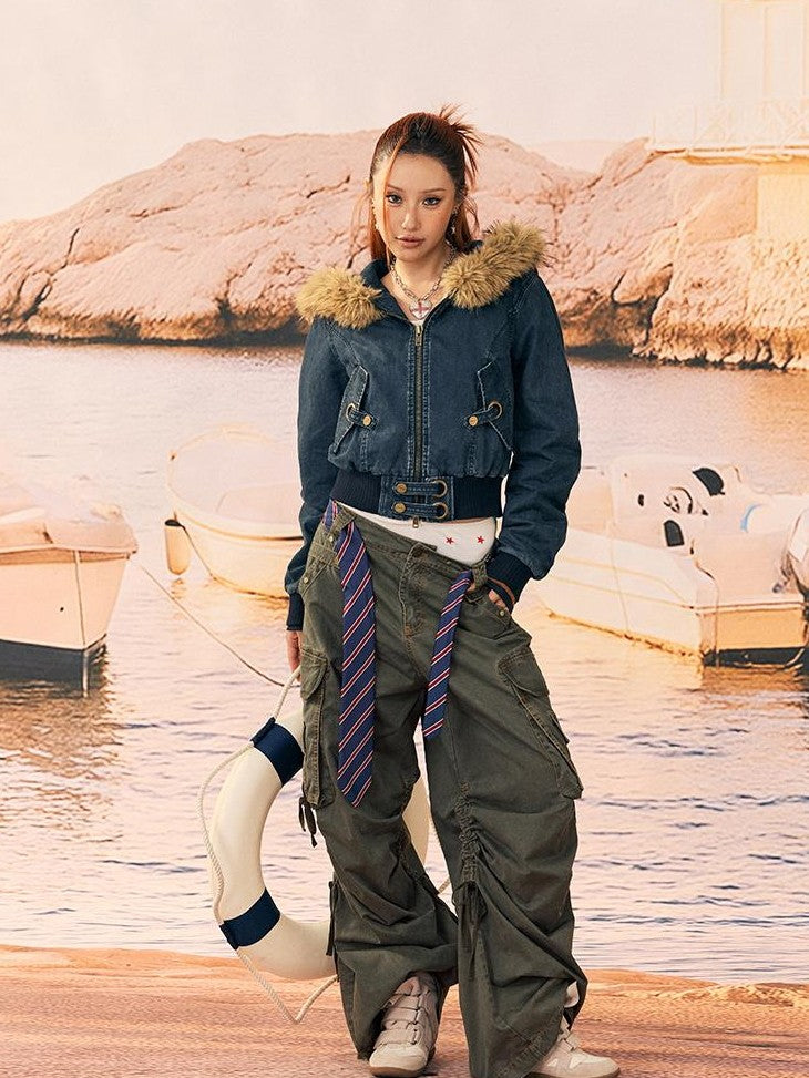 BeerBro Quilted Cropped Faux Fur Hooded Cotton Women's Puffer Jackets